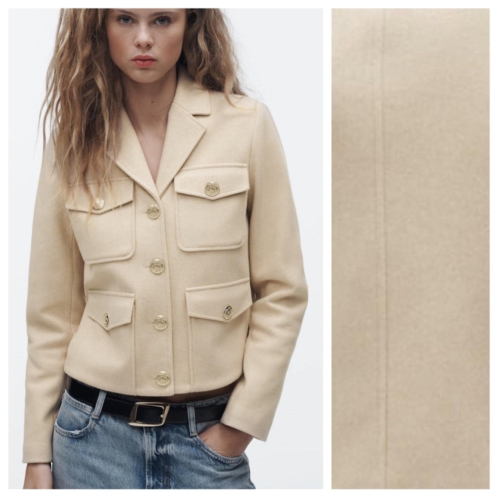 NWT. Zara Cream Collared Jacket with Patch Pockets and Gold Buttons. Size L.